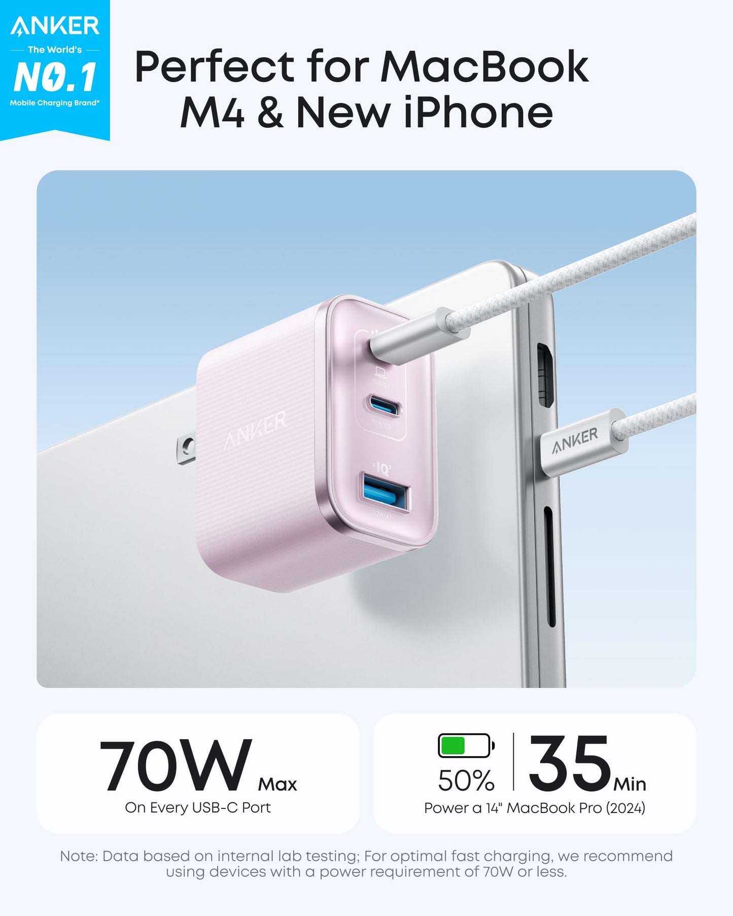 Anker Nano Charger, Ultra-Fast 70W Output 3-Port USB C Charger Block, Fast Charging, Compact and Stylish, for iPhone 17/16 Series, MacBook, iPad, Pixel, Galaxy, and More(Black, Cable Included)