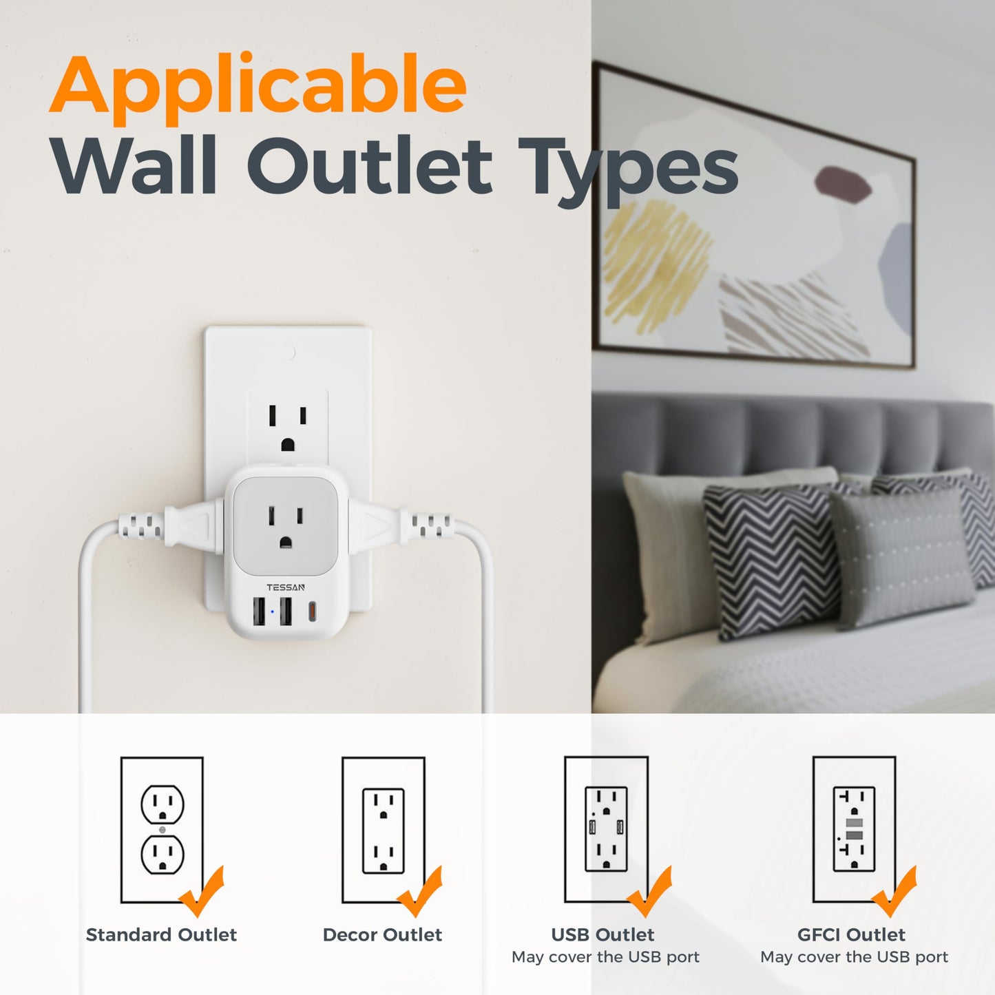 USB C Charger Block 20W, TESSAN PD Fast Charging Adapter with Foldable Plug, 1875W Power Outlet Extender(4 AC and 4 USB) for Cruise, Home, Office, Dorm