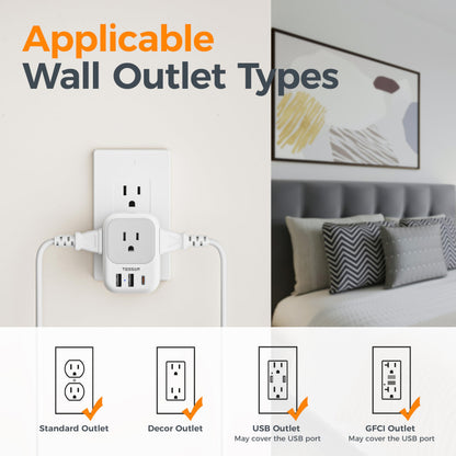 USB C Charger Block 20W, TESSAN PD Fast Charging Adapter with Foldable Plug, 1875W Power Outlet Extender(4 AC and 4 USB) for Cruise, Home, Office, Dorm