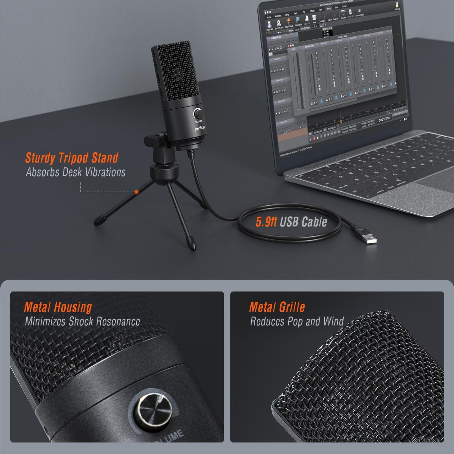 FIFINE USB Microphone, Metal Condenser Recording Microphone for MAC OS, Windows, Cardioid Laptop Mic for Recording Vocals, Voice Overs, Streaming, Meeting and YouTube Videos-K669B