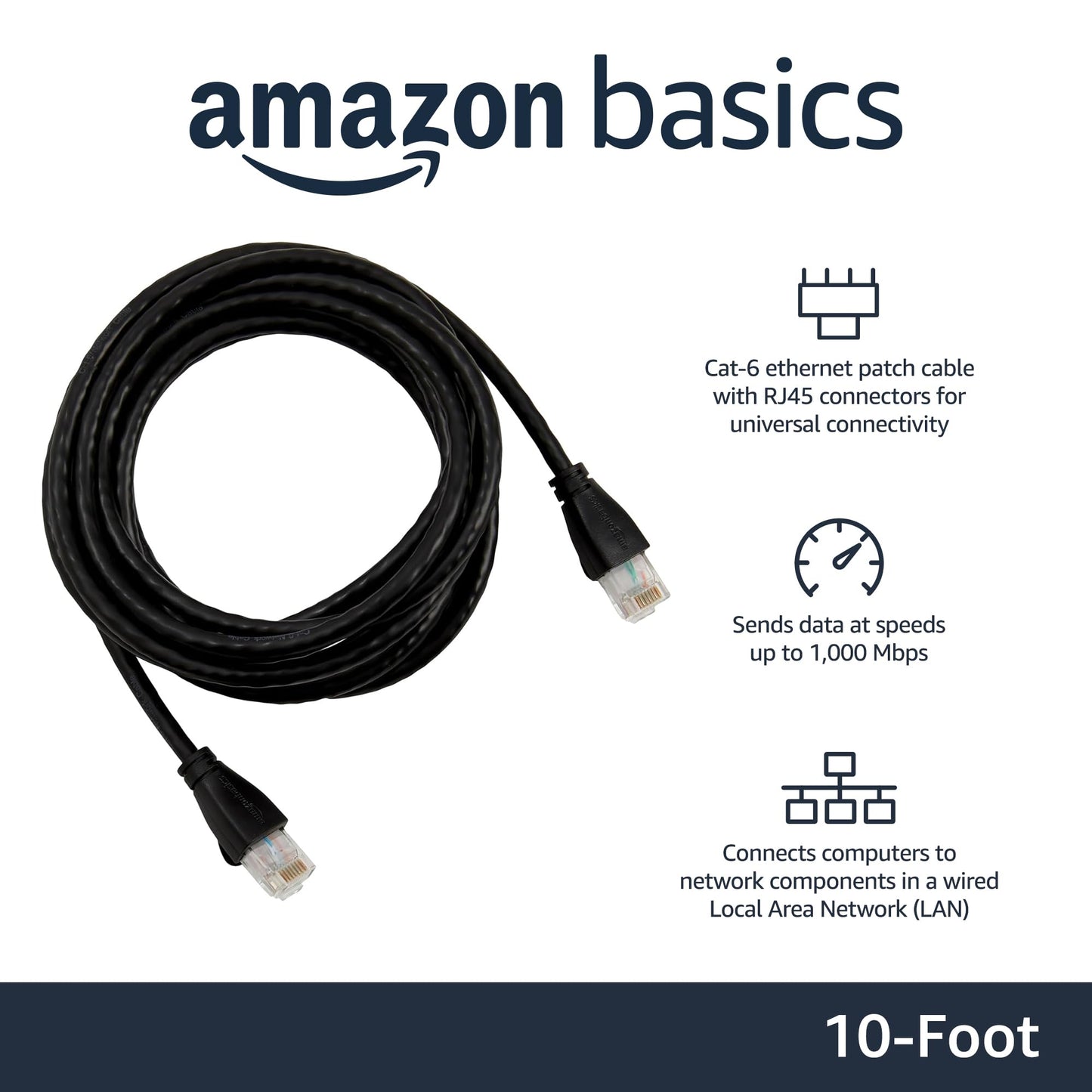 Amazon Basics RJ45 Cat-6 Ethernet Patch Internet Cable, 1Gbps Transfer Speed, Gold-Plated Connectors, Universal Connectivity for PC, TV, Tablet, Router, Printer, 5 Foot, Black