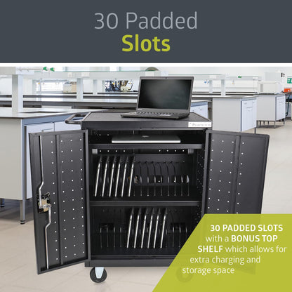 Pearington 32 Device Mobile Charging and Storage Cart for iPads, Chromebooks and Laptop Computers, Up to 13-inch Screen Size, Surge Protection, Front & Back Access Locking Cabinet