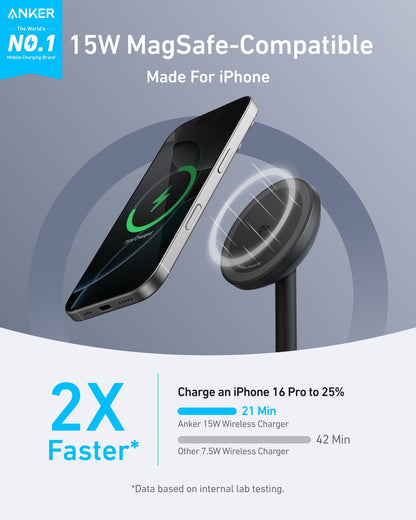 Anker MagGo iPhone 17 MagSafe Charger Compatible Stand, 15W Fast Magnetic Wireless Charging Station, Qi2 Certified 360° Wireless Charger (White, with Cable & Adapter)