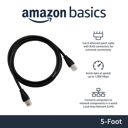 Amazon Basics RJ45 Cat-6 Ethernet Patch Internet Cable, 1Gbps Transfer Speed, Gold-Plated Connectors, Universal Connectivity for PC, TV, Tablet, Router, Printer, 5 Foot, Black