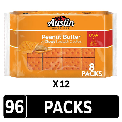 Austin Sandwich Crackers, Single Serve Snack Crackers, Office and Kids Snacks, Peanut Butter on Cheese (12 Trays, 96 Packs)