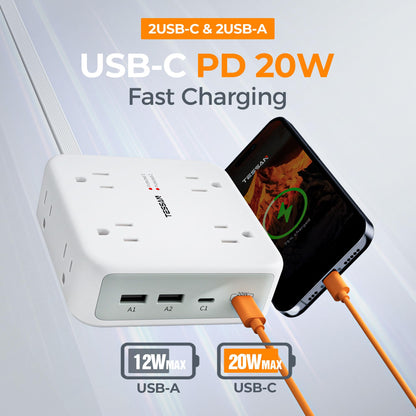 TESSAN Dual Surge Protector Power Strip, 5 Ft Extension Cord Flat Wall Plug with 4 USB (2 USB C) 8 Outlets, 2100J Surge Protection, 20W Multiple Charging Station for Home, Office, College, Dorm, Grey