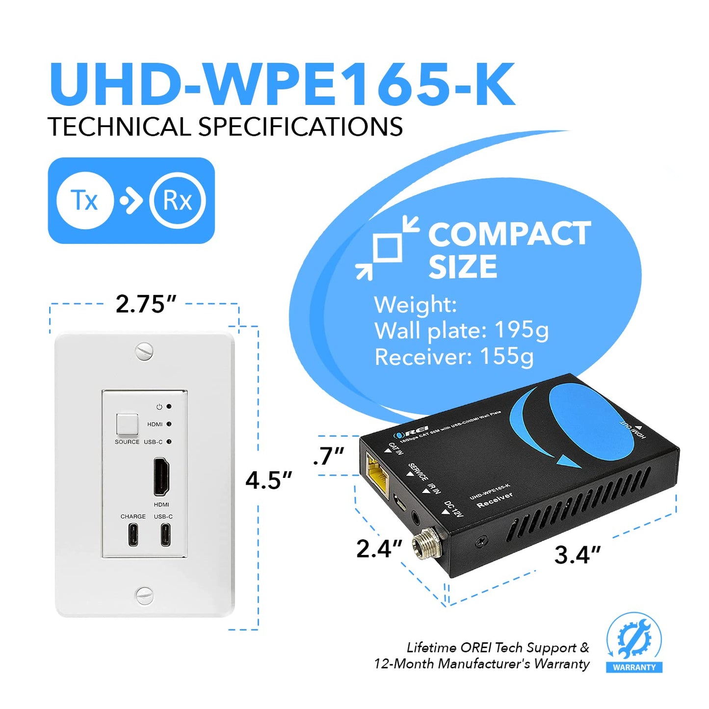 OREI 4K HDMI Extender over ethernet CAT5/CAT6/CAT7 Up To 165 Feet At 1080@60hz - HDMI 1.4 & HDCP 1.4 Compliant with One Way IR Pass Through, HDMI Loop Output & Power Over Cable