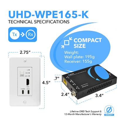 OREI 4K HDMI Extender over ethernet CAT5/CAT6/CAT7 Up To 165 Feet At 1080@60hz - HDMI 1.4 & HDCP 1.4 Compliant with One Way IR Pass Through, HDMI Loop Output & Power Over Cable