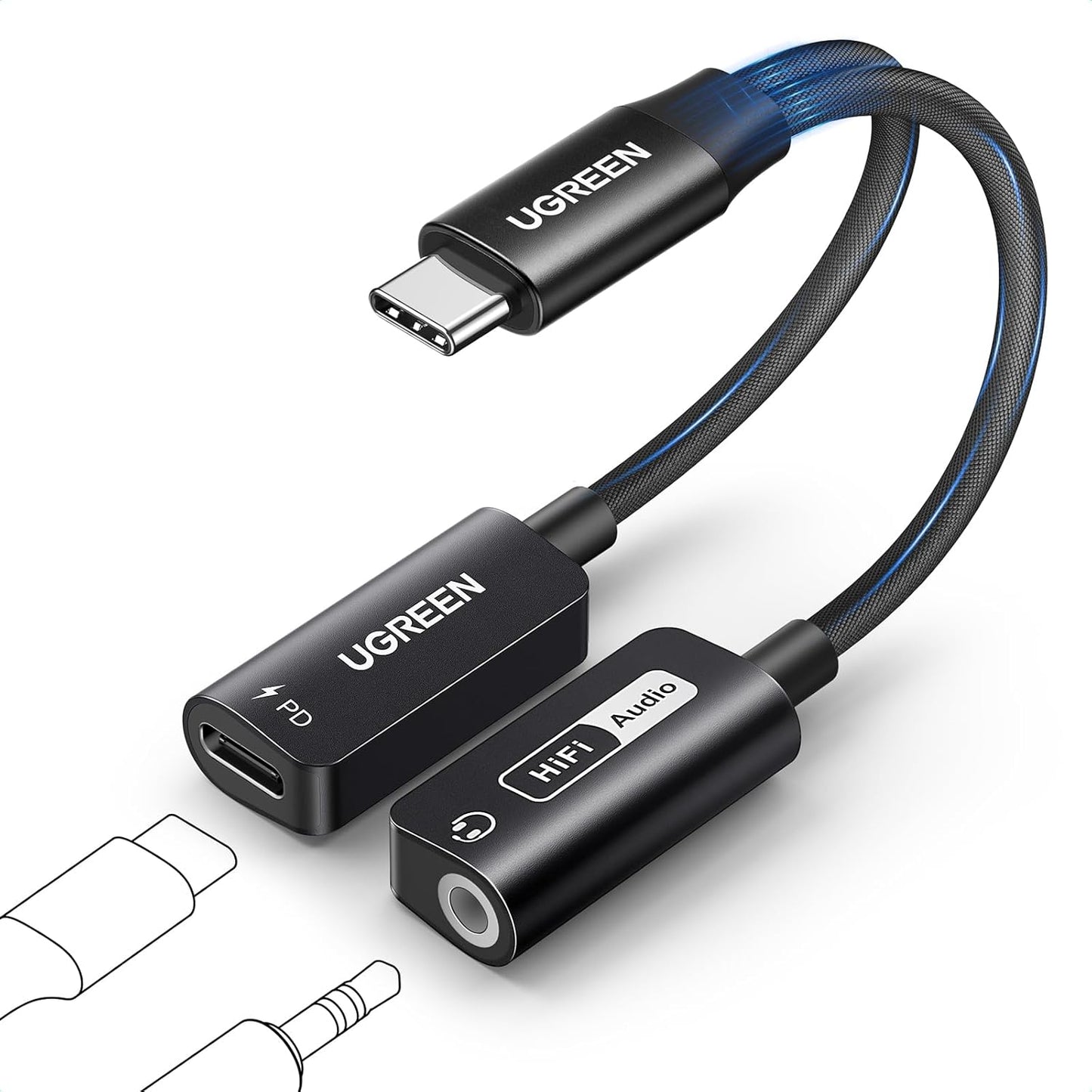 UGREEN USB C to 3.5mm Audio Adapter DAC Stereo Mic HiFi Right Angle Dongle Bundle Magnetic USB C to 3.5mm Audio Adapter and PD 60W Charger 2 in 1