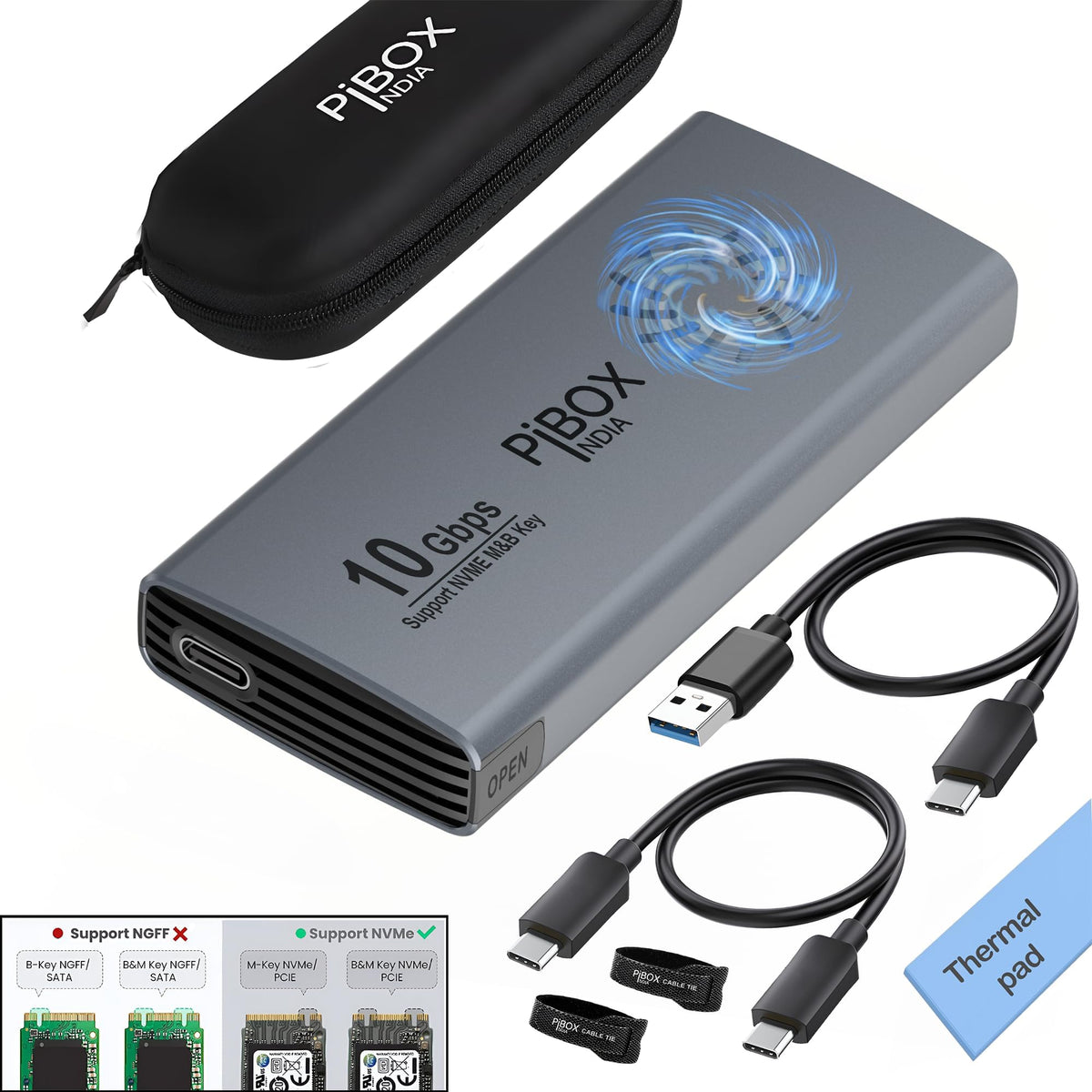 PiBOX India NVMe M2 Enclosure - Dual Protocol USB 3.2 Tool-Free Case, PCI-E Reader, USB-C, M & B+M Keys, 2230/2242/2260/2280 SSDs