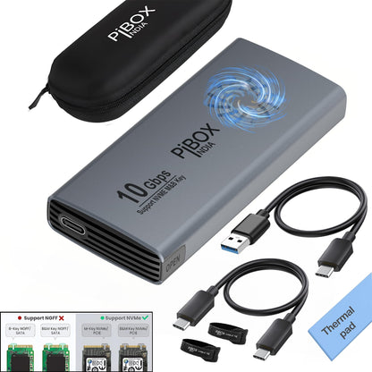 PiBOX India NVMe M2 Enclosure - Dual Protocol USB 3.2 Tool-Free Case, PCI-E Reader, USB-C, M & B+M Keys, 2230/2242/2260/2280 SSDs