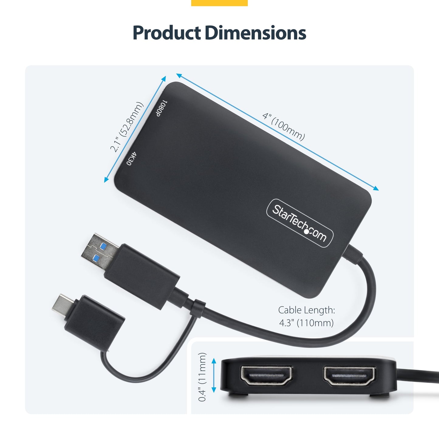 StarTech USB-A 3.0 to Dual HDMI Adapter for Windows, Dual Monitor USB to 2x HDMI Display Converter, 4K 30Hz + 1080p 60Hz, Extend or Mirror Multi-Screen Setup