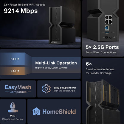 TP-Link Tri-Band BE19000 WiFi 7 Router (Archer BE800) | 12-Stream 19 Gbps | 2×10G + 4×2.5G Ports | LED Screen, 8 High-Performance Antennas | VPN, Easy Mesh, HomeShield, Private IoT, Free Expert Help