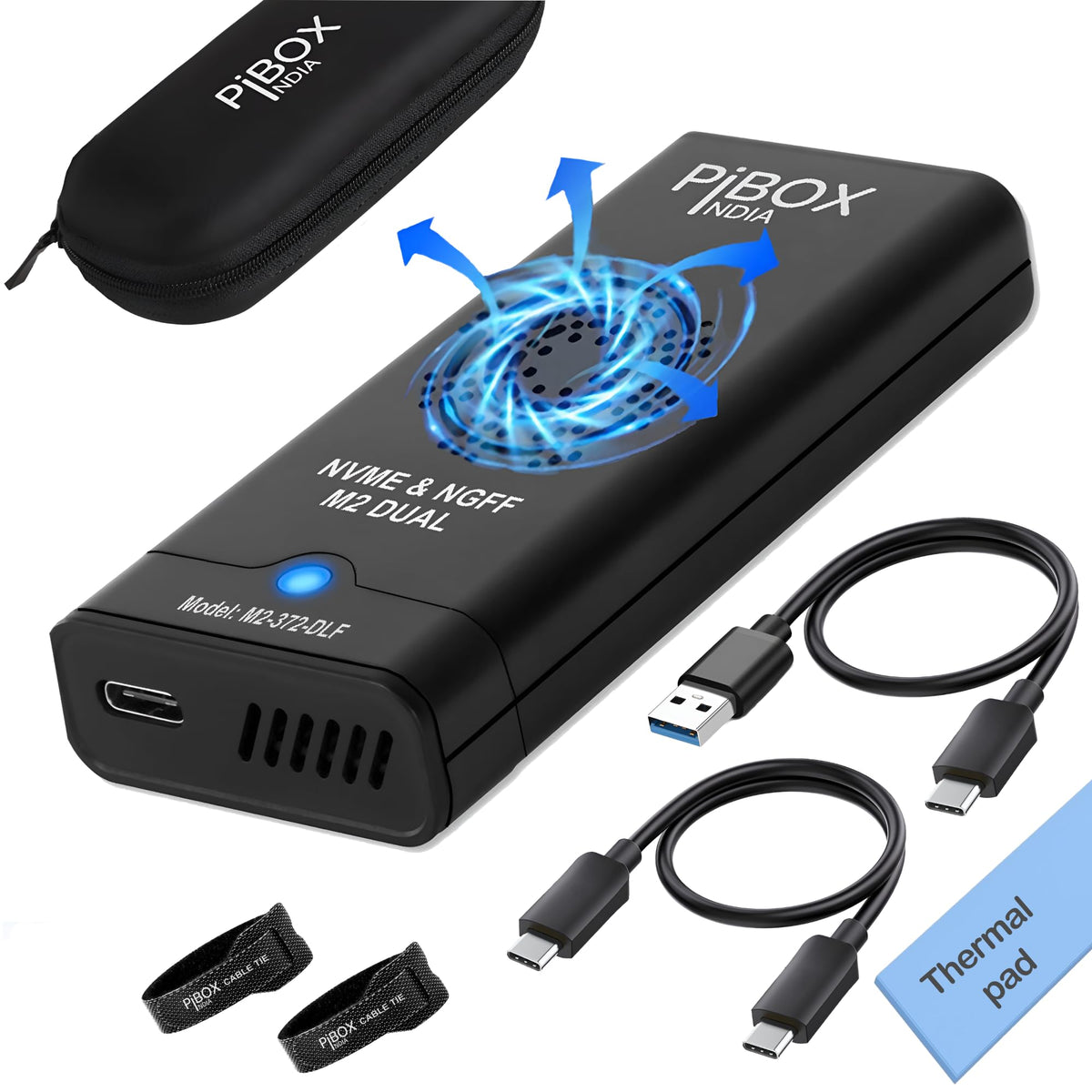 PiBOX India NVMe M2 Enclosure - Dual Protocol USB 3.2 Tool-Free Case, PCI-E Reader, USB-C, M & B+M Keys, 2230/2242/2260/2280 SSDs