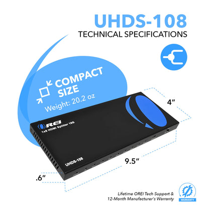 OREI UltraHD 4K @ 60 Hz 1 x 2 HDMI Splitter 1 in 2 Out (2 Port) 4:4:4 8-bit - Does Not Bypass HDCP, 18 Gbps, 4K HDMI Splitter
