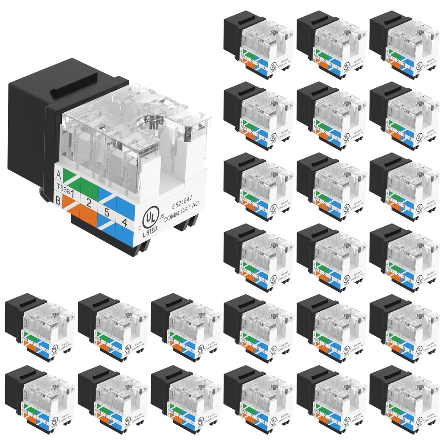 VCE UL Listed 10Gbps Cat6 Keystone Jack Insert 25-Pack, 90 Degree Punch Down RJ45 Keystone Jack Adapter Slim Profile Blue