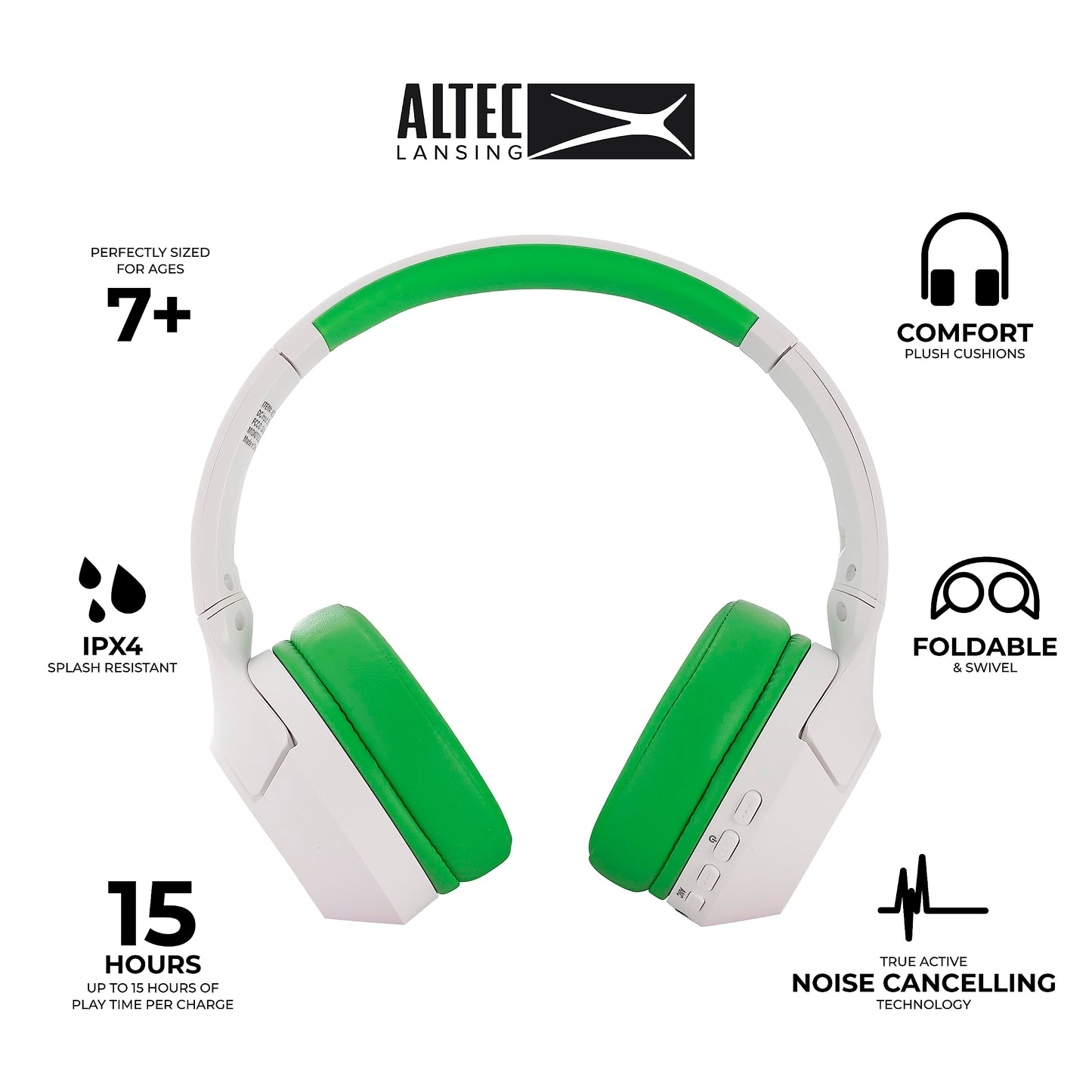 Altec Lansing Kid Safe Noise Cancelling Wireless Headphones 15H Battery, 85dB Volume Limit, Foldable Design Powerful Sound, Active Noise Cancellation Perfect for Kids Ages 7+ (Whiteout Pop Pink)