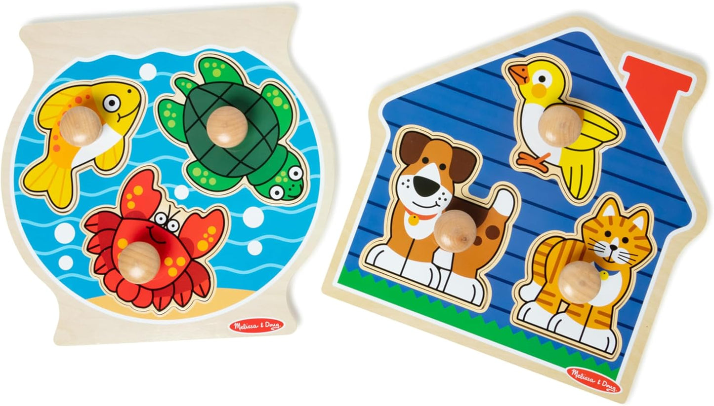 Melissa & Doug Wooden Jumbo Peg Puzzle 2-Pack – Fish Bowl, House Pets, 3-Piece for Toddlers Boys and Girls, Ages 1+ Years