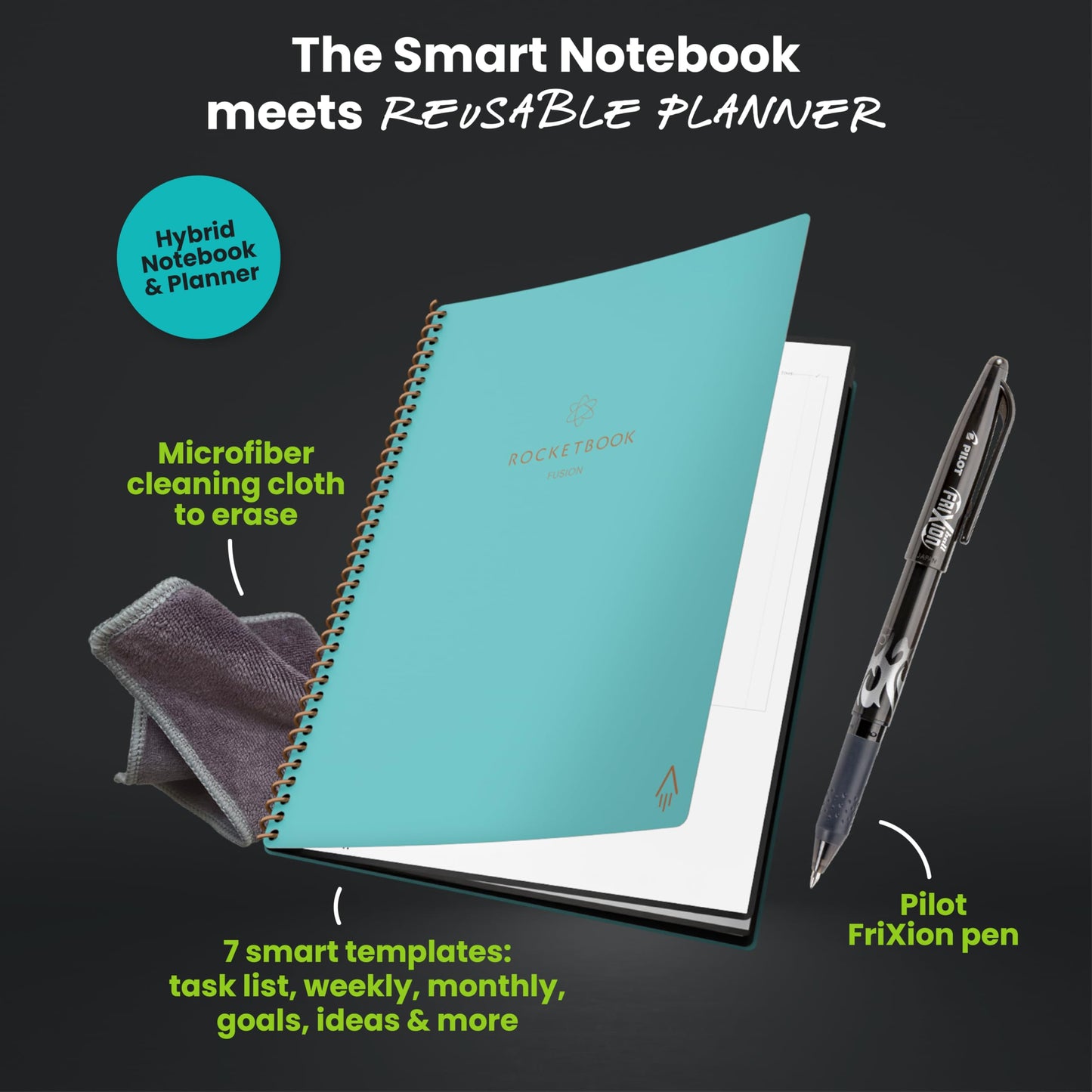Rocketbook Fusion Hybrid Reusable Planner and Notebook in One, Additional Blank Pages, Goal and Project Tracker, Undated Planner, Letter Size 8.5x11, Black (Pack of 1)