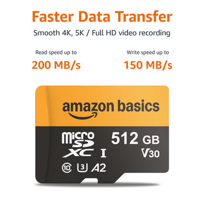 Amazon Basics 128GB microSDXC Memory Card with Adapter for Smartphones, Drones, Cameras, Full HD, Read Speed Up to 200MB/s, 1-Pack