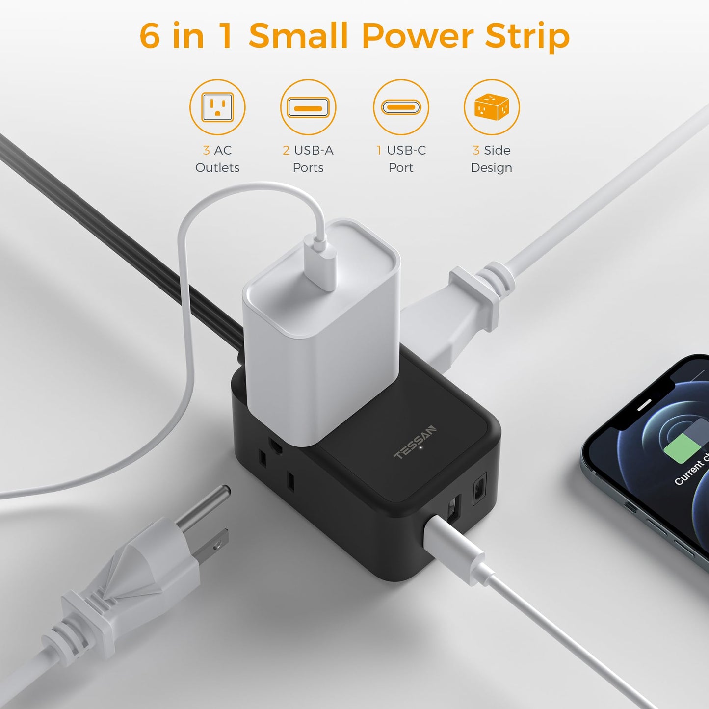 TESSAN Small Flat Plug Power Strip, Ultra Thin Extension Cord 5 ft, 3 AC Outlets with 3 USB Ports (1 USB C), Multiple Wall Outlet Extender for Cruise Travel Office School Dorm Room Essentials