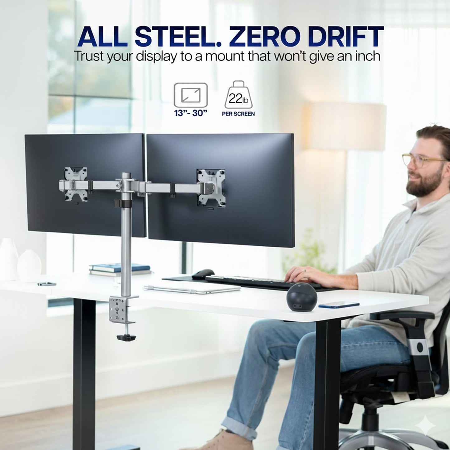 VIVO Dual Monitor Desk Mount, Holds 2 Computer Screens up to 30 inches and 22lbs Each, Heavy Duty Fully Adjustable Steel Stand with C-Clamp and Grommet, Black, STAND-V002