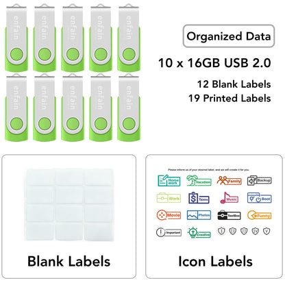 Enfain 16GB USB 2.0 Flash Drive 10 Pack | Swivel Thumb Drives with 31 Labels | Gift-Ready Packaging for Corporate Events, Office & Team Distributions (Black)
