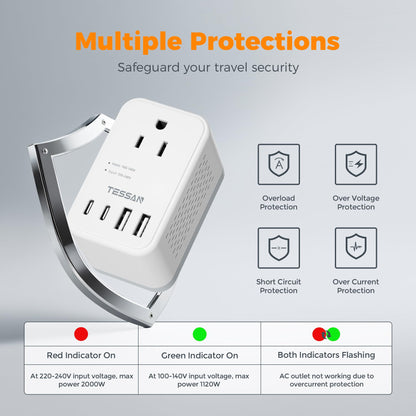TESSAN 220 to 110 Voltage Converter US to Europe, International Travel Power Adapter with 4 USB Ports(2 USB C), 2 AC and EU/UK/AU Plug Universal Power Converter Adapter Combo, Step Down Transformer