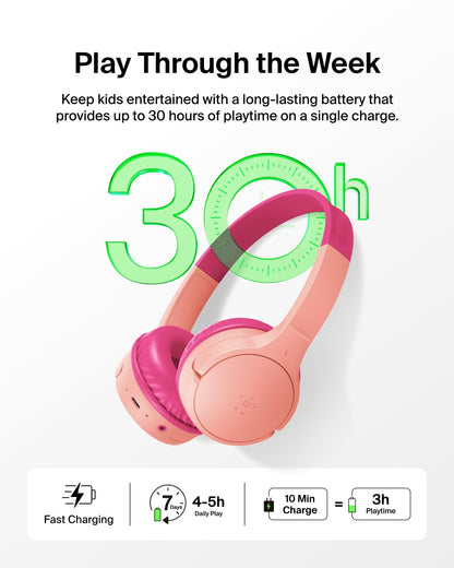 Belkin SoundForm Mini - Wireless Bluetooth Kids Headphones, 30H Battery, 85dB Safe Volume Limit, Built-in Microphone - Toddler On-Ear Earphones for iPhone, iPad - Ideal for School - Blue w/Case