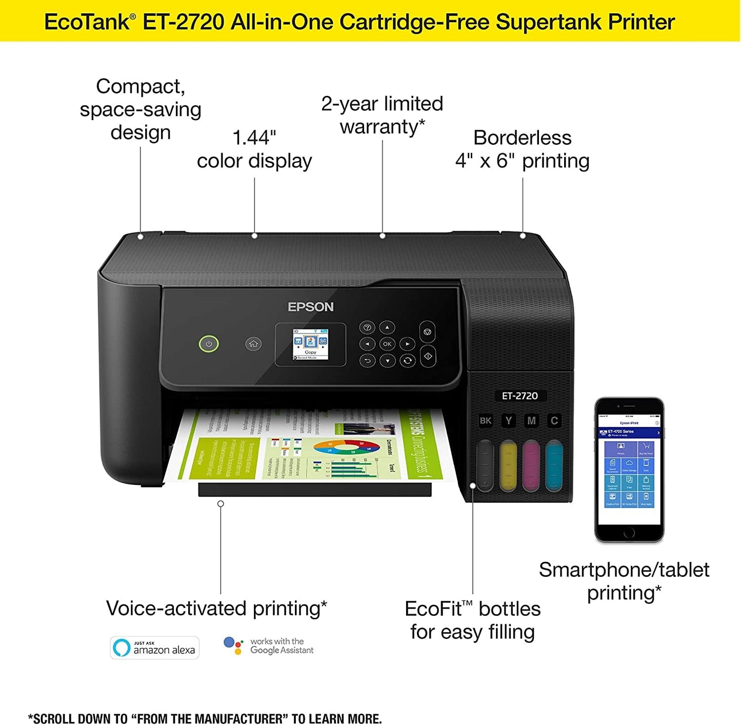 Epson EcoTank All-in-One Wireless Color Inkjet Printer with Scanner and Copier - Print Scan Copy - Black-Bundle with Ahaghug Printer Cable。