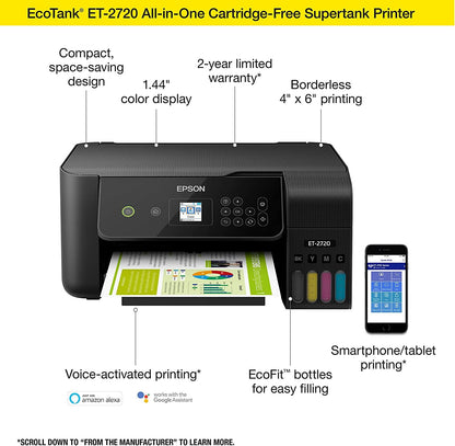 Epson EcoTank All-in-One Wireless Color Inkjet Printer with Scanner and Copier - Print Scan Copy - Black-Bundle with Ahaghug Printer Cable。