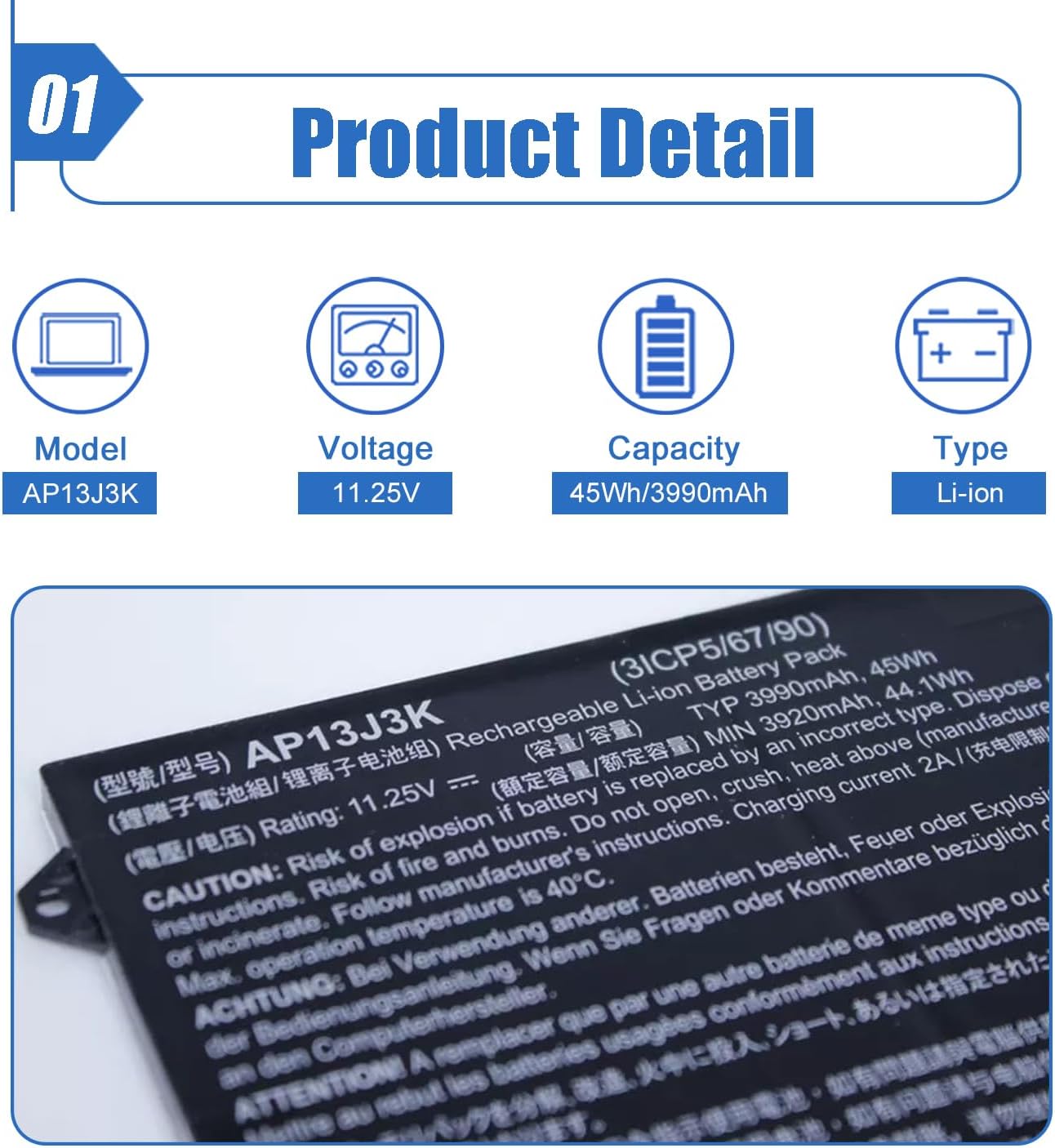 AP13J3K AP13J4K 45Wh Laptop Battery Compatible with Acer Chromebook 11.6" 11 C720 C720P C740 Series Notebook KT.00304.001 KT.00303.001 CB3-431-C5EX 11.4V 3920mAh (2.5cm Short Cable)