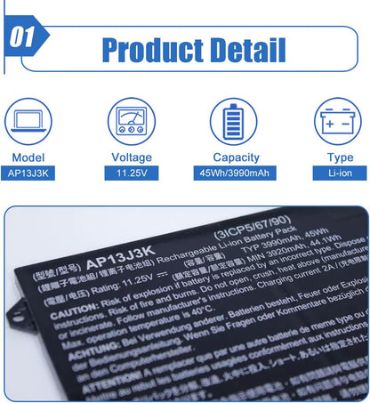 AP13J3K AP13J4K 45Wh Laptop Battery Compatible with Acer Chromebook 11.6" 11 C720 C720P C740 Series Notebook KT.00304.001 KT.00303.001 CB3-431-C5EX 11.4V 3920mAh (2.5cm Short Cable)