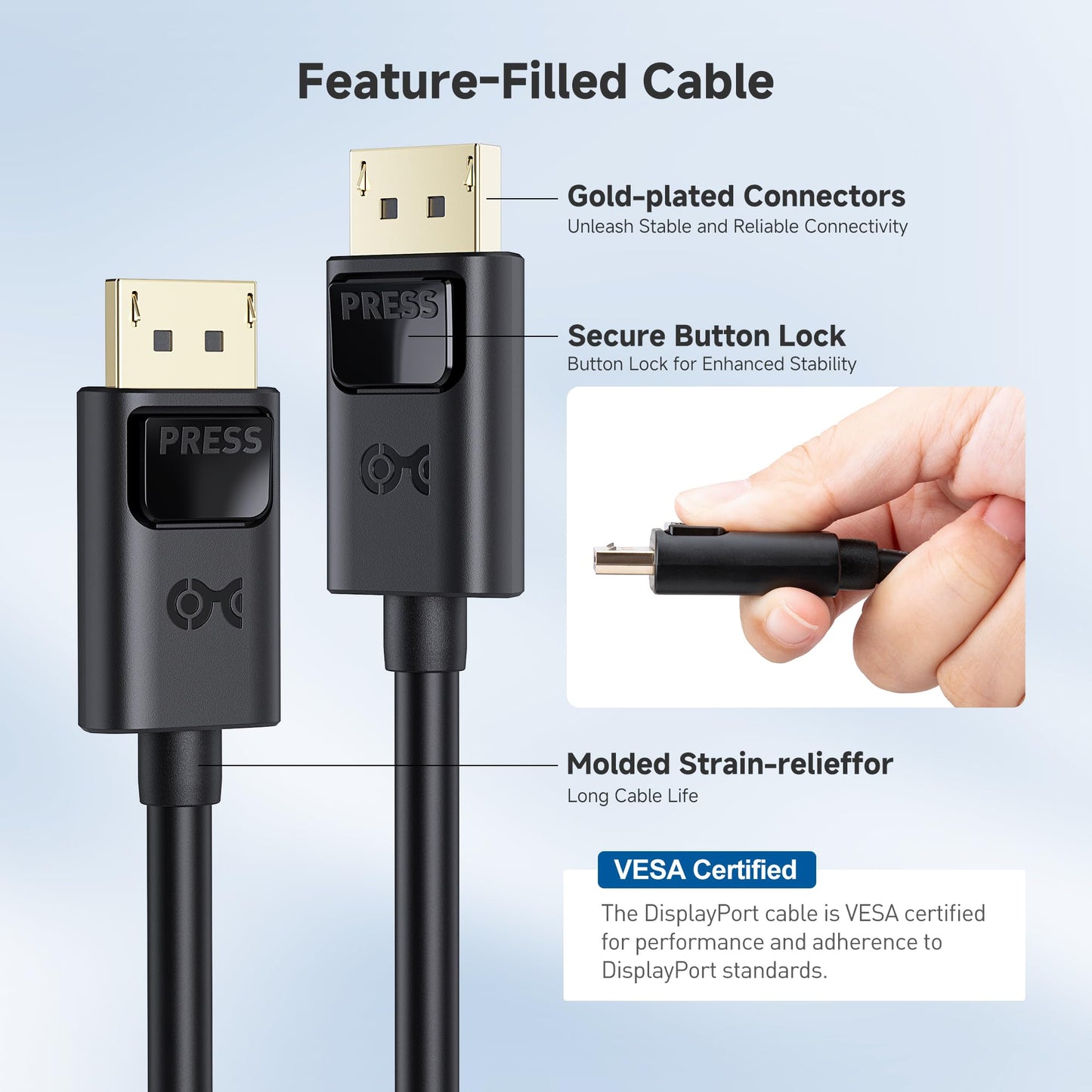 Cable Matters [VESA Certified] 32.4Gbps DisplayPort 1.4 Cable - 6ft, Support 8K 60Hz, 4K 240Hz DisplayPort Cable 1.4 with FreeSync, G-SYNC and HDR for Gaming Monitor, PC, RTX 4080/4090, RX 6800/6900