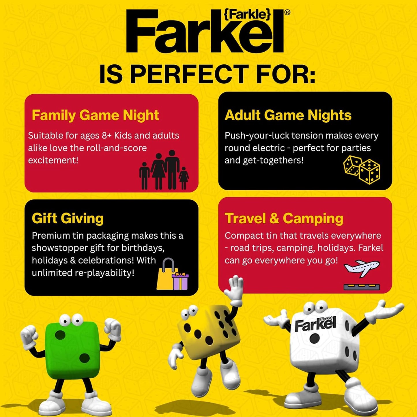 Farkel Party Classic Dice Game | Official Licensed Farkle Set | 36 Dice, 6 Cups, Score Sheets & Storage Tin | Travel Dice Game for Family Game Night | 2+ Players, Ages 8+
