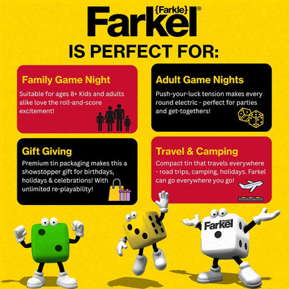 Farkel Party Classic Dice Game | Official Licensed Farkle Set | 36 Dice, 6 Cups, Score Sheets & Storage Tin | Travel Dice Game for Family Game Night | 2+ Players, Ages 8+