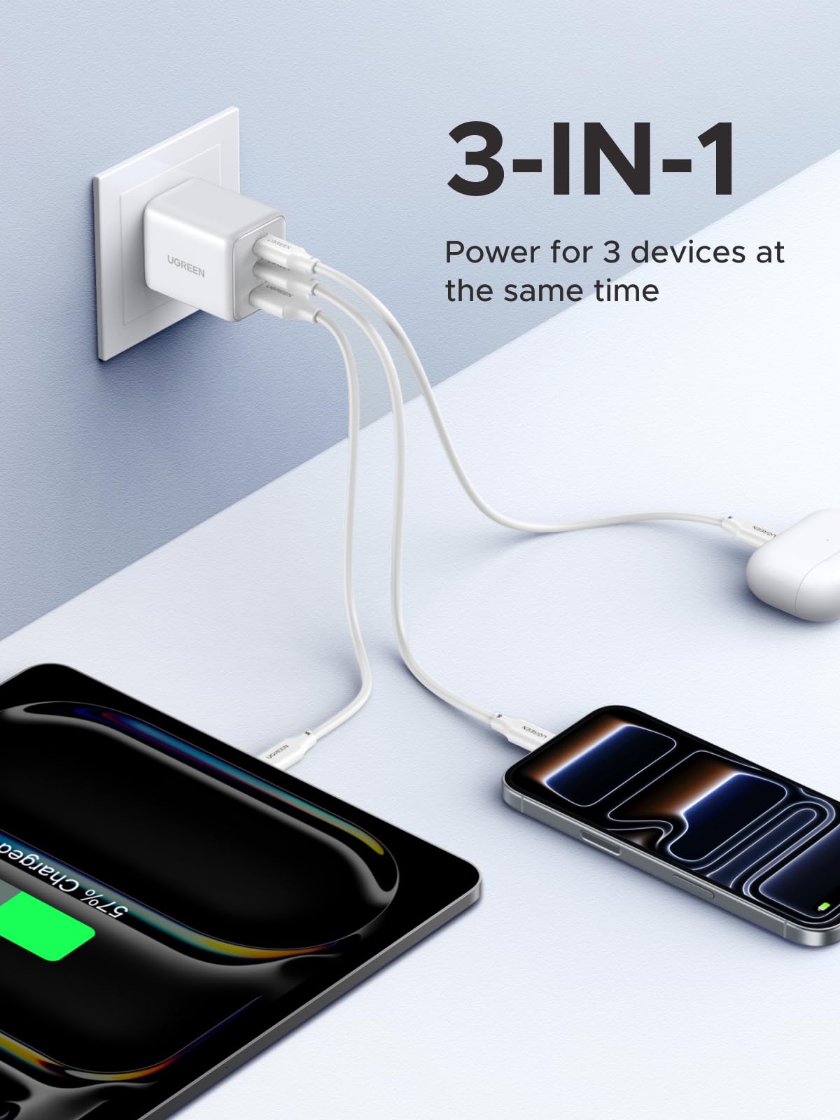 UGREEN 3-Port 30W USB C Charger, GaN II Compact iPhone Charger Fast Charging, Type C Power Adapter for iPhone 17/16/15 Series, Galaxy S26/S25/24, iPad, MacBook Neo/Air, Matt Black