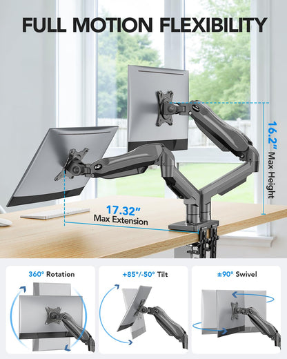 HUANUO FlowLift™ Dual Monitor Stand, Fully Adjustable Gaming Monitor Desk Mount for 13–32″ Computer Screens, Full Motion VESA 75x75/100x100 with C-Clamp & Grommet Base, Each Arm Holds 4.4 to 19.8 lbs