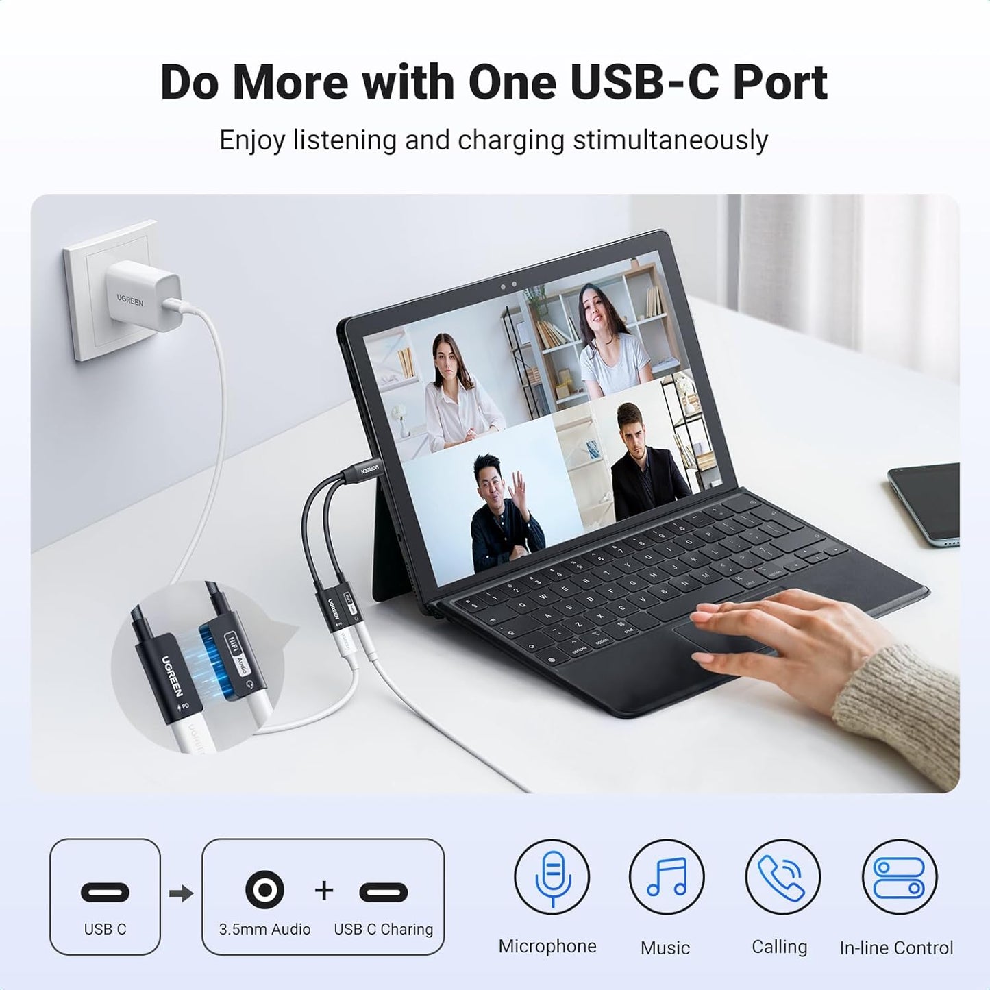 UGREEN USB C to 3.5mm Audio Adapter DAC Stereo Mic HiFi Right Angle Dongle Bundle Magnetic USB C to 3.5mm Audio Adapter and PD 60W Charger 2 in 1