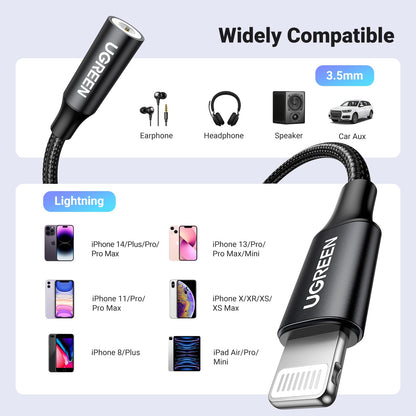 UGREEN Headphone Adapter for iPhone Lightning to 3.5mm Adapter Apple MFi Certified Lightning Aux Audio Jack Dongle Compatible with iPhone 14 Pro Max/14 Plus/13 12 11 Pro Max/SE/XS, Grey