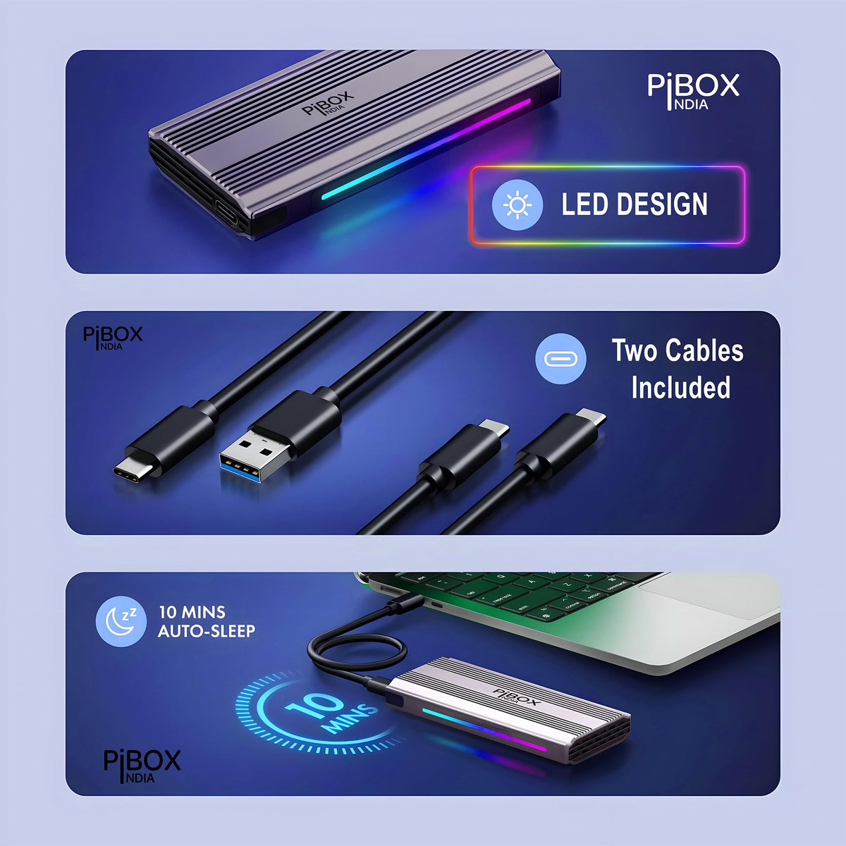 PiBOX India NVMe M2 Enclosure - Dual Protocol USB 3.2 Tool-Free Case, PCI-E Reader, USB-C, M & B+M Keys, 2230/2242/2260/2280 SSDs
