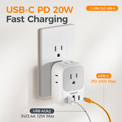 USB C Charger Block 20W, TESSAN PD Fast Charging Adapter with Foldable Plug, 1875W Power Outlet Extender(4 AC and 4 USB) for Cruise, Home, Office, Dorm