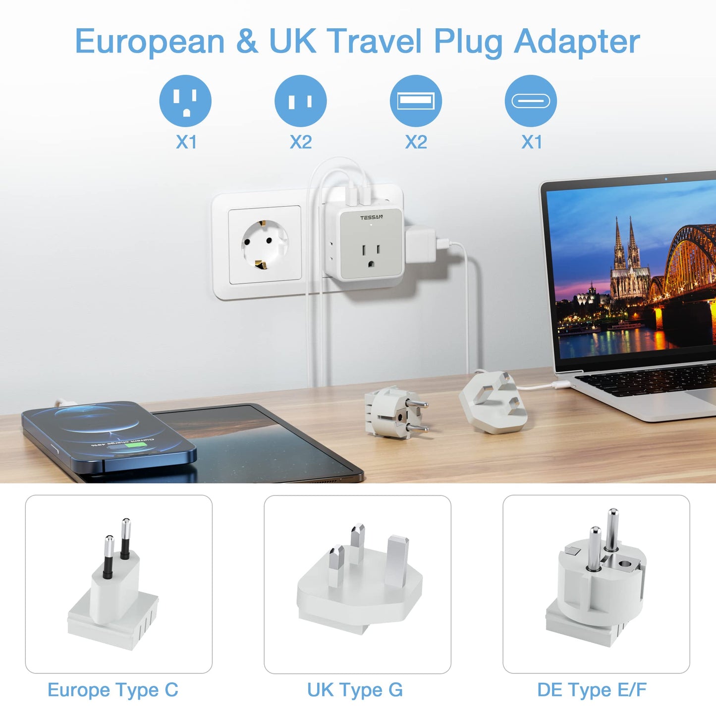 TESSAN All European UK Travel Plug Adapter Kit, International Detachable with 3 Outlet 3 USB Charger (1 USB C), Type C/G/E/F EU Ireland Power Adaptor, US to Europe Italy Spain France Greece