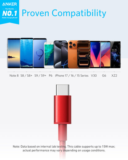 Anker Cable [2 Pack 3ft], USB A to USB C Cable for iPhone 17 Series,Samsung Galaxy S10 S10+, LG V30, Beats Fit Pro and More (Black).
