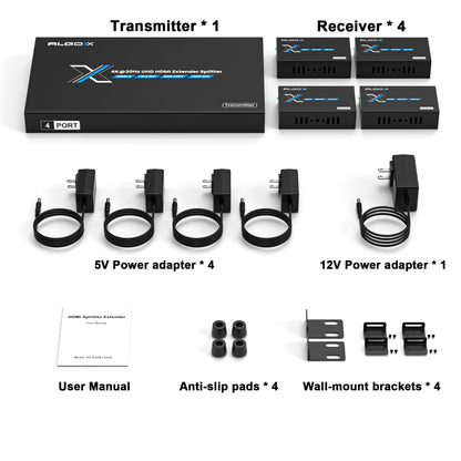 ALGOX 328ft/100m 4K@30Hz HDMI Extender Splitter 1 in 2 Out Over CAT6/6e/7(T-568B) Supports Loop Out, EDID Copy, HDR10, Dolby Vision, 3D Video, Plug and Play, Easy to Install
