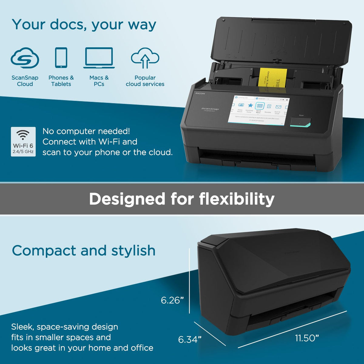 ScanSnap iX1600 Wireless or USB High-Speed Cloud Enabled Document, Photo & Receipt Scanner with Large Touchscreen and Auto Document Feeder for Mac or PC, 17 watts, Black