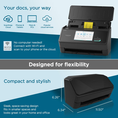 ScanSnap iX1600 Wireless or USB High-Speed Cloud Enabled Document, Photo & Receipt Scanner with Large Touchscreen and Auto Document Feeder for Mac or PC, 17 watts, Black