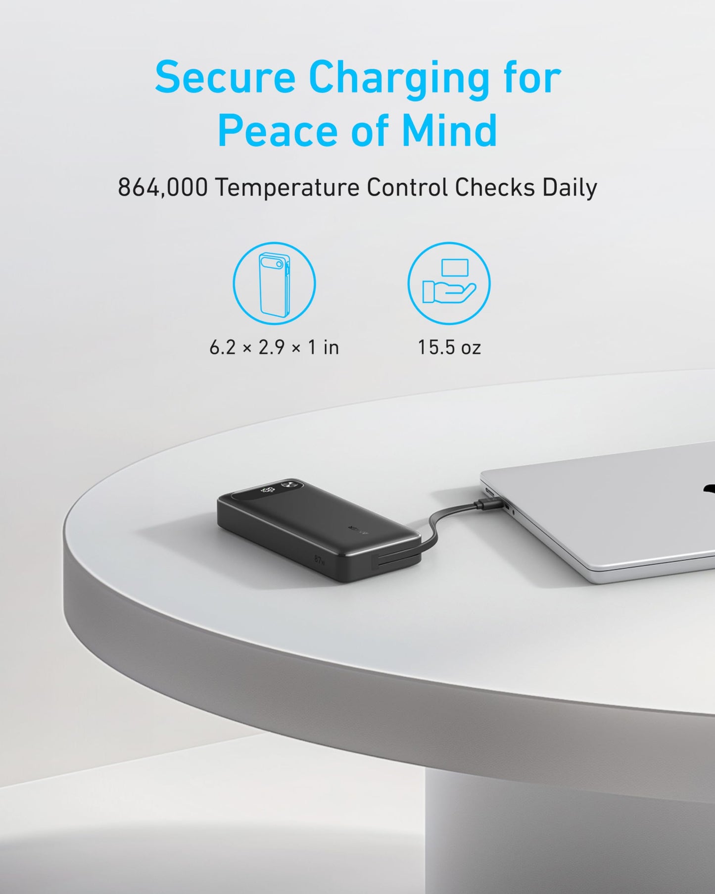 Anker Power Bank, 20,000mAh Travel Essential Portable Charger with Built-in USB-C Cable, 3-Port 87W Max Fast Charging Battery Pack, for MacBook, iPhone 16/15 Series, Samsung, Switch, and More