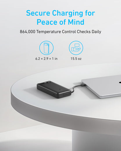 Anker Power Bank, 20,000mAh Travel Essential Portable Charger with Built-in USB-C Cable, 3-Port 87W Max Fast Charging Battery Pack, for MacBook, iPhone 16/15 Series, Samsung, Switch, and More