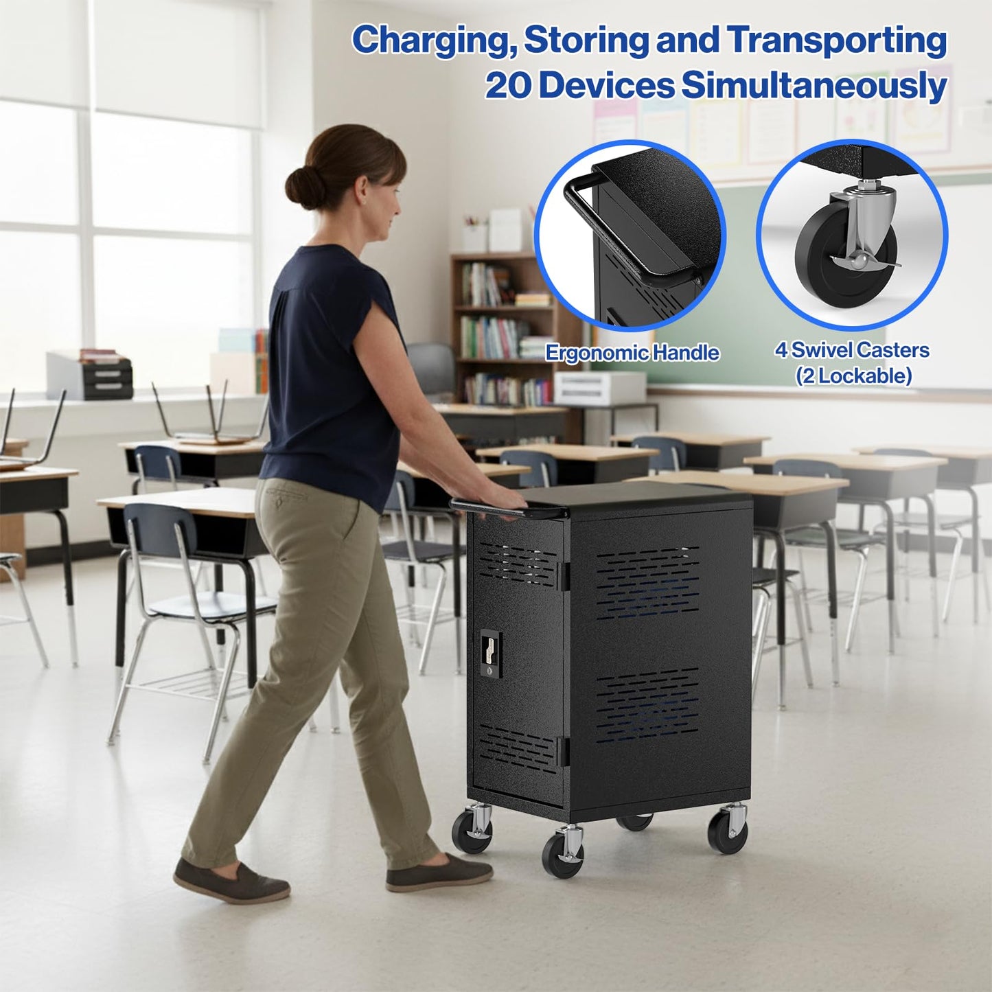 Fully Assembled 20 Devices Laptop Charging Cart - Tablet Storage Cart for Chromebook iPad, Mobile Laptop Charging Station for Classroom Office - Includes Cable Management & Detachable Door, Black